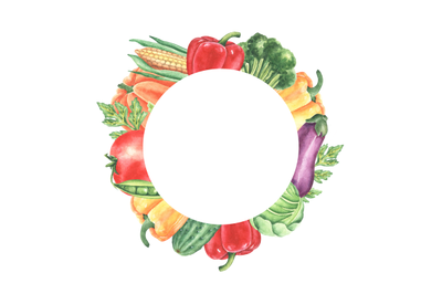 Vegetable harvest watercolor wreath (frame). Summer vegetables. Pepper