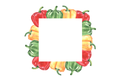 Pepper watercolor frame (border). Square frame. Harvest vegetables.