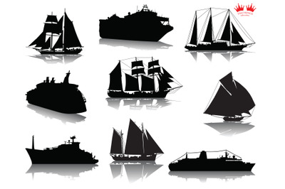 Sea ship silhouettes SVG. Boats adapted to the open sea for coastal sh