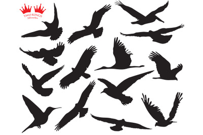 SVG file ,birds collection. 14 birds in flight set silhouettes on whit