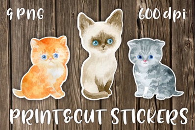 Watercolor cats printable stickers PNG