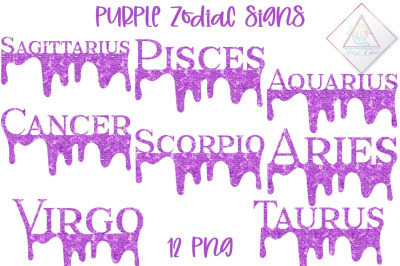 Purple Glitter Zodiac Signs With Drippings Clipart