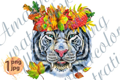 Colorful white smiling tiger in a wreath of autumn leaves
