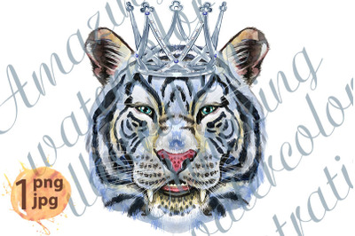 Colorful white smiling tiger with silver crown