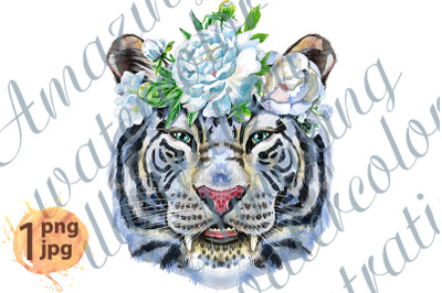Colorful white tiger in a wreath of white flowers.