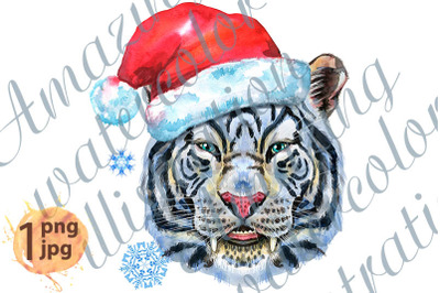 Colorful white tiger in Santa hat