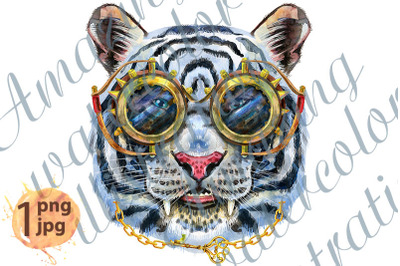 Colorful white tiger with glasses in steampunk style