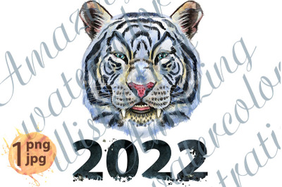 Colorful white smiling tiger with number two thousand and twenty two