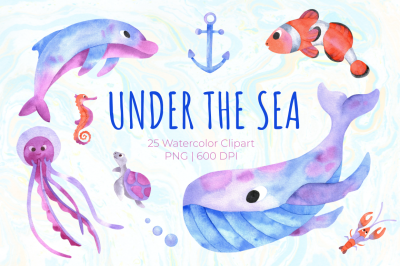 Under the Sea Watercolor Clipart. Ocean animals PNG