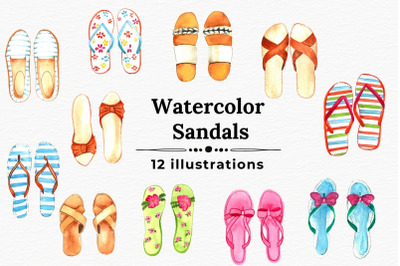 Watercolor Sandals, 12 Illustrations of Summer Flip Flops