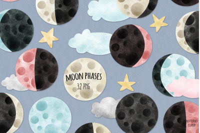 Watercolor Moon Phases Clipart | Set of 32