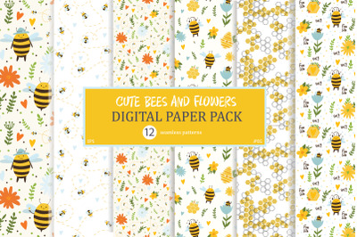 Honey bee digital paper pack, summer seamless pattern, scrapbooking pa