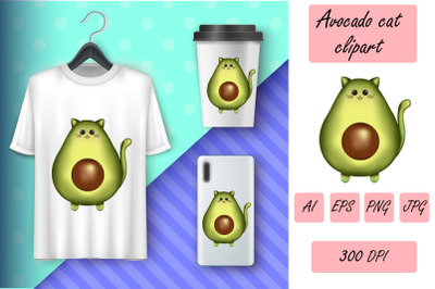 Avocado cat illustration.Cute sublimation. Pun vegetables