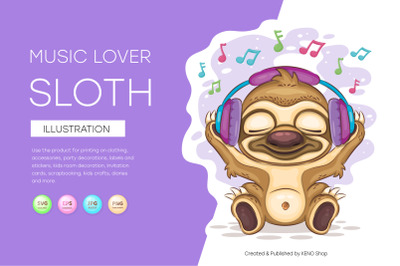 Sloth music lover, cute clipart