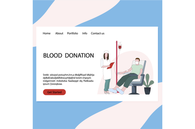 Service of blood donation web page. Nurse collects blood plasma to hel