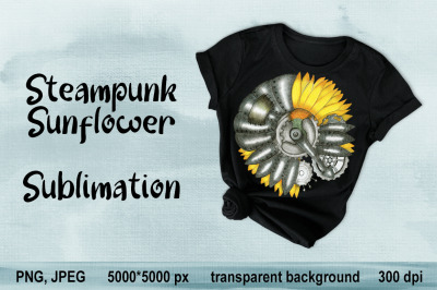 Sublimation T Shirt Designs. Hand-drawn Steampunk Sunflower PNG.