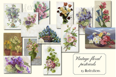 Vintage Floral Postcards, Digital Floral Postcards for Scrapbooking