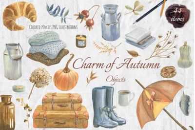 Autumn clipart. Vintage objects, dried leaves. Retro decor