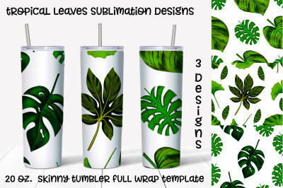 tropical leaves sublimation design. Skinny tumbler wrap design