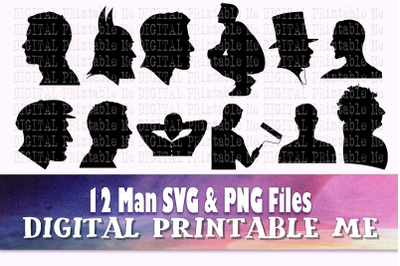 Man Profile svg, Male face silhouette bundle, PNG, clip art, 12 Men he