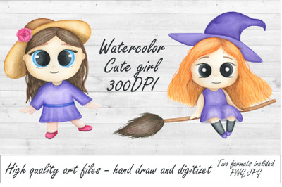 watercolor bundle princess and little witch.Cute girl