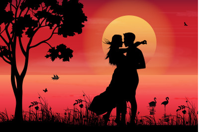 cute couple fall in love silhouette