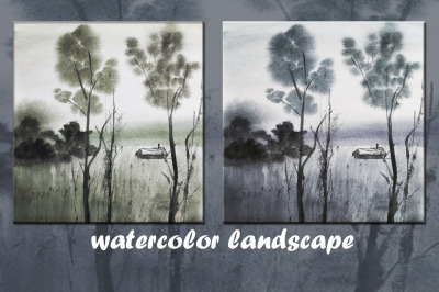 watercolor nature and landscape. house and trees
