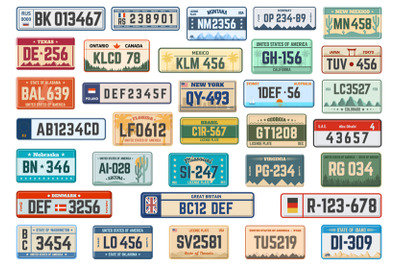 Vehicle registration plates. Car license plates, american, asian and e