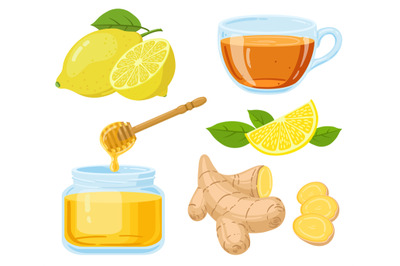 Natural cough remedies. Honey, vitamin c lemon, hot tea and chopped gi