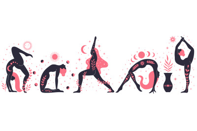 Women doing yoga, contemporary floral yoga concept illustration