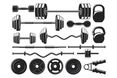 Gym heavy weight equipment. Fitness dumbbell and barbell silhouettes&2C;