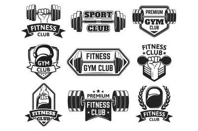 Gym labels. Sport, bodybuilding, fitness equipment symbols, vintage fi