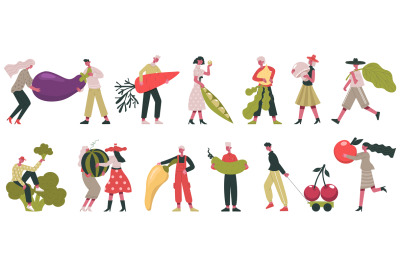 Vegetarian characters. People carrying raw ingredients, vegetable and