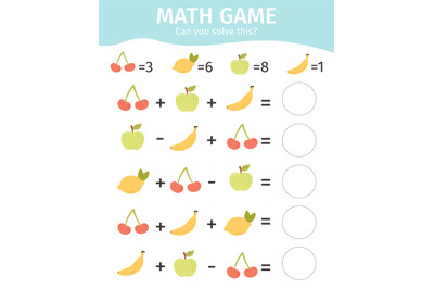 Mathematical kids game. Children educational addition and subtraction