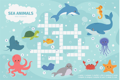 Sea animals crossword. Kids crossword puzzle game, underwater marine a