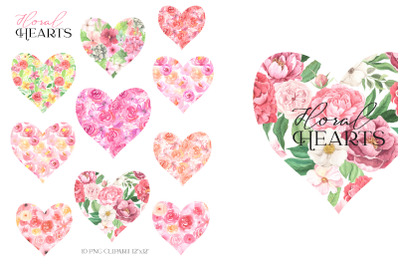 Pink Floral Clipart. Watercolor hearts with rose flowers