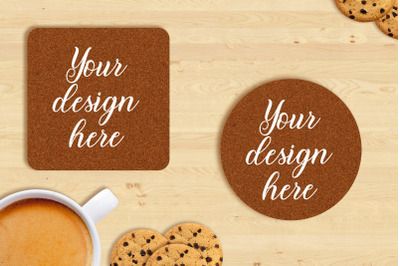 Square and round coasters mockup PSD&2C; JPEG files.