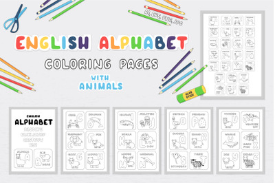 Alphabet, flashcards coloring pages with animals. Print Color cut glue
