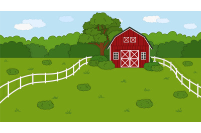 Farm spring or summer landscape with red barn