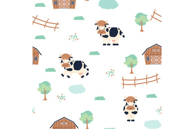 Farm cow barn cute cartoon seamless pattern