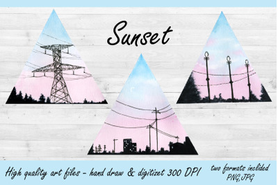 Watercolor Clipart Geometric Camping.Sunset landscape. Sub