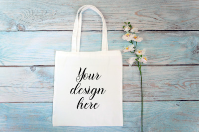 Cotton Tote bag Mockup on a wooden background. Rustic Farmhouse.