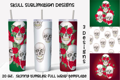 skull with roses sublimation design. Skinny tumbler wrap design