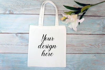 Cotton Tote bag Mockup on a wooden background. Rustic Farmhouse.