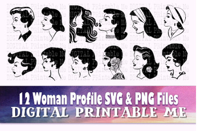Vintage Woman Profile svg, 12 female head images, lady, girl, side vie
