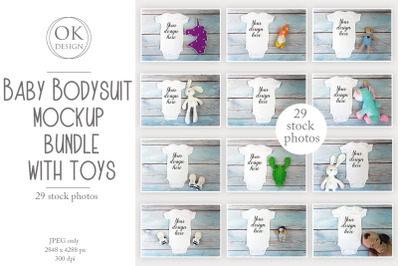 Baby Bodysuit mockup bundle with toys on a wooden background.  Kids T-