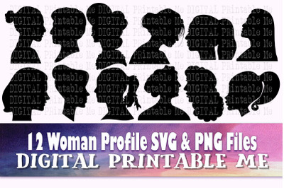 Woman Profile svg, 12 female head images, lady, girl, side view silhou