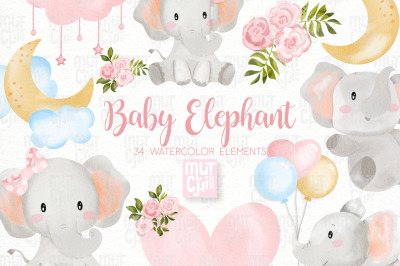 Watercolor Pink Elephant Clipart Set