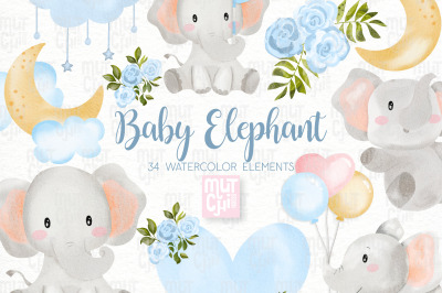 Watercolor Blue Elephant Clipart Set