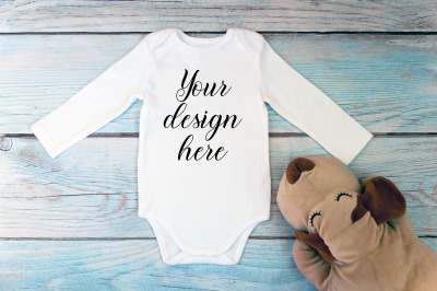 Bodysuit Mockup with long sleeves on a wooden background.